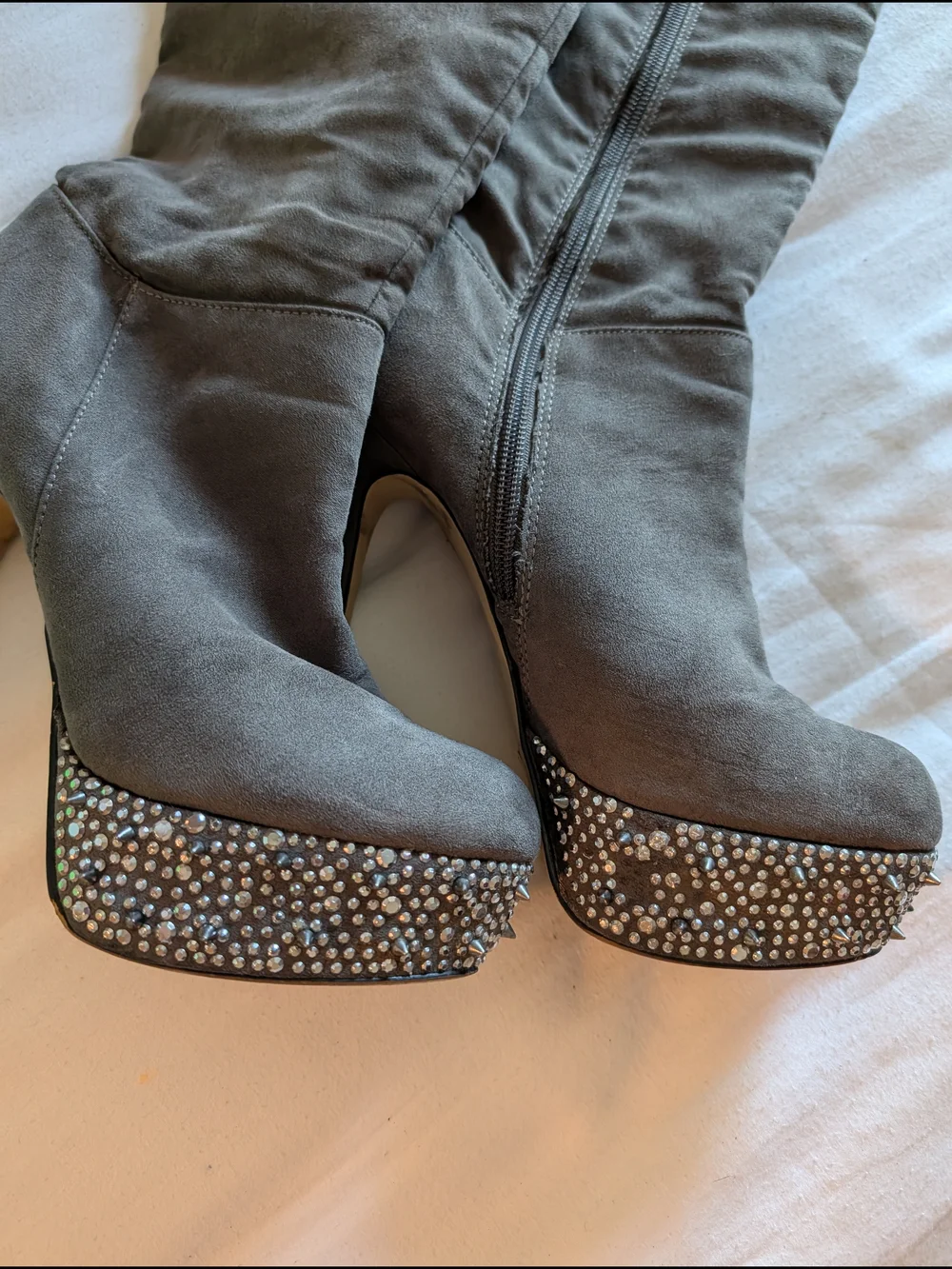 Over-the-Knee Gray Platform Stiletto Boots with Embellished Toe